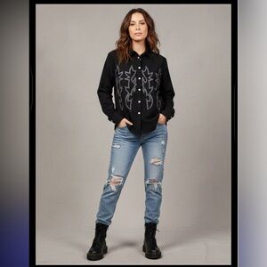 Statement Western Embroidered Button-Down‎ Shirt - Black & Silver